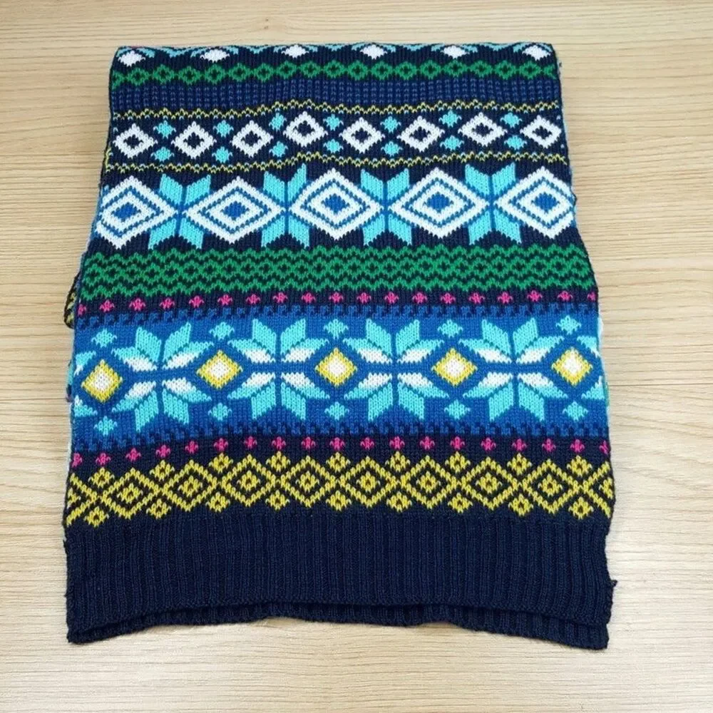 CLUB ROOM Mens Scarf Blue Green Chunky Knit Fair Isle Long Rectangle Winter 70x9